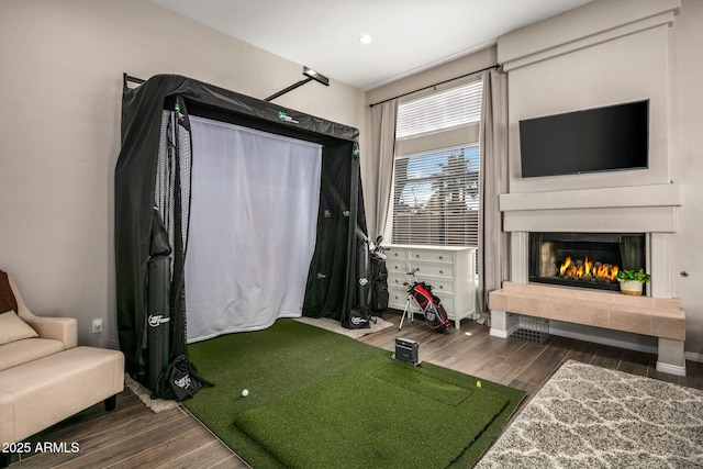 interior space with golf simulator and dark wood-type flooring