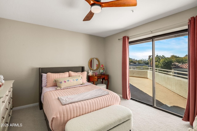 carpeted bedroom with access to outside and ceiling fan