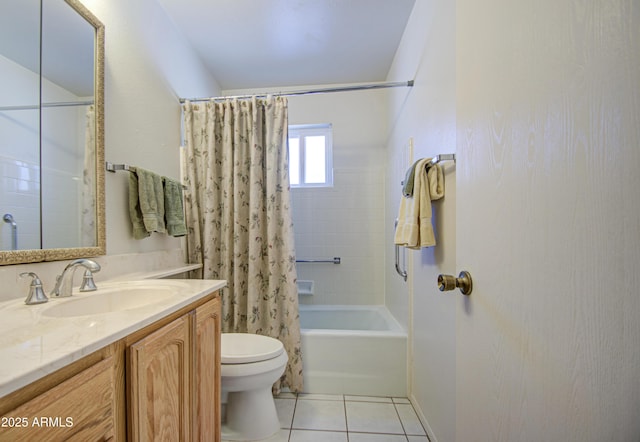 bathroom featuring tile patterned flooring, vanity, toilet, and shower / tub combo with curtain