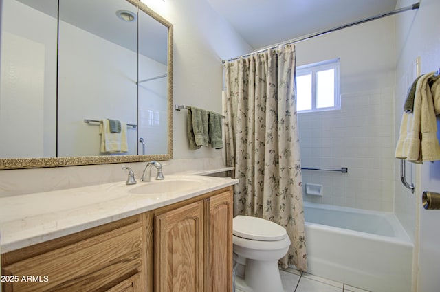 bathroom featuring toilet, vanity, tile patterned floors, and shower / bathtub combination with curtain