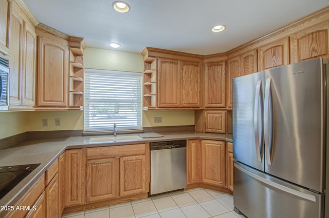 kitchen with open shelves, recessed lighting, light tile patterned floors, a sink, and appliances with stainless steel finishes