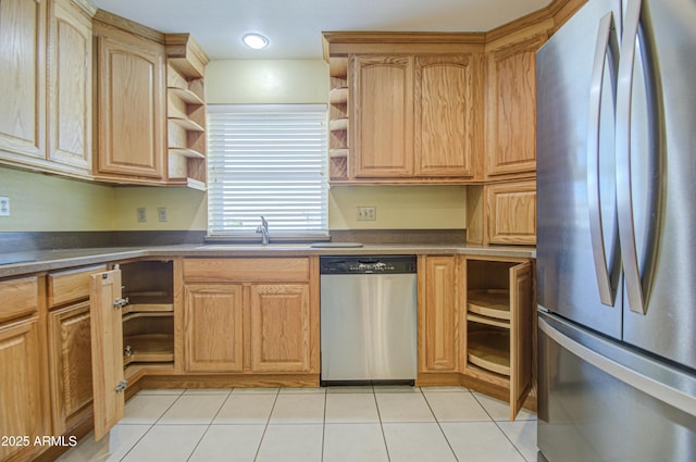 kitchen featuring light tile patterned floors, dark countertops, appliances with stainless steel finishes, and open shelves