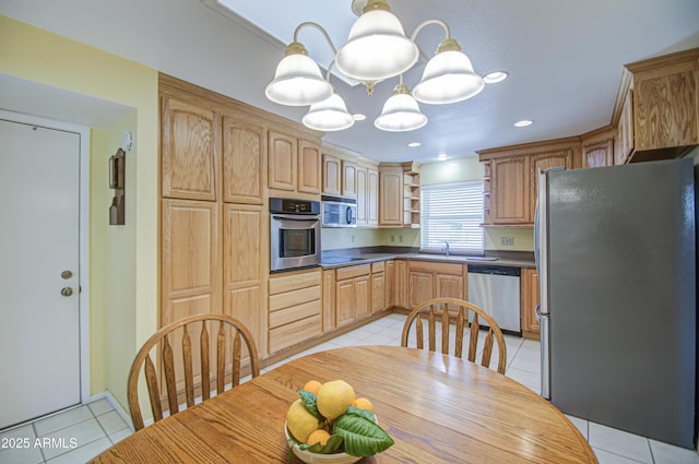 kitchen featuring stainless steel appliances, light brown cabinets, open shelves, pendant lighting, and light tile patterned floors