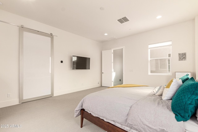 carpeted bedroom with recessed lighting, visible vents, and baseboards