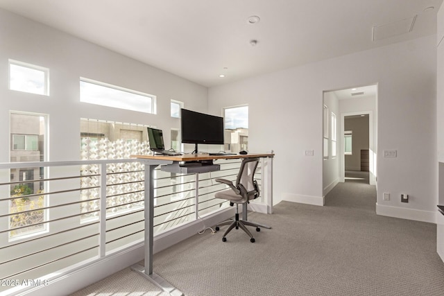 office space featuring recessed lighting, baseboards, and carpet flooring