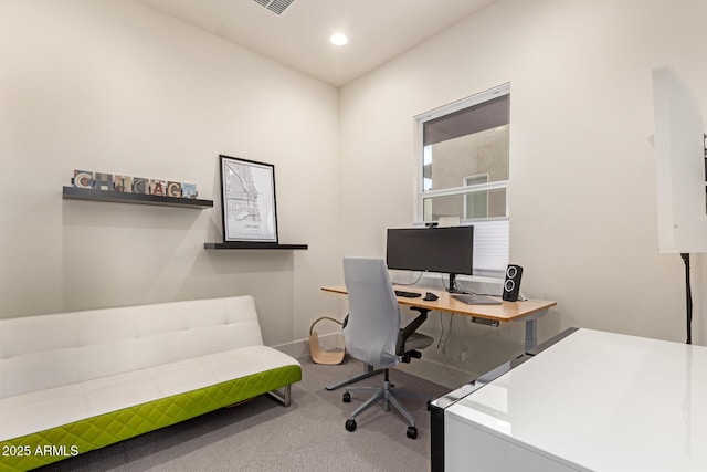 home office featuring recessed lighting, baseboards, and carpet floors