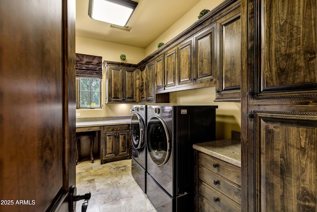 10894 E Turquoise Ave, Scottsdale, AZ 85259 - laundry area featuring separate washer and dryer, stone finish floor, and cabinet space