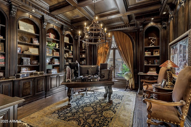 10894 E Turquoise Ave, Scottsdale, AZ 85259 - home office featuring a notable chandelier, coffered ceiling, crown molding, and built in features