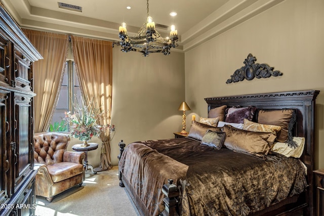 10894 E Turquoise Ave, Scottsdale, AZ 85259 - bedroom with carpet flooring, a tray ceiling, a notable chandelier, and visible vents