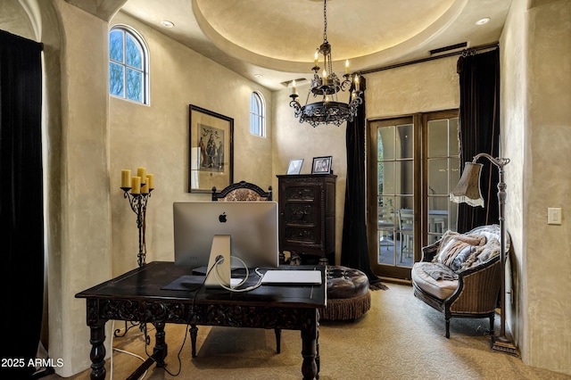 10894 E Turquoise Ave, Scottsdale, AZ 85259 - carpeted office space featuring a notable chandelier and a tray ceiling