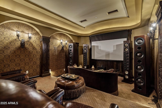 10894 E Turquoise Ave, Scottsdale, AZ 85259 - carpeted cinema with a tray ceiling, decorative columns, and visible vents