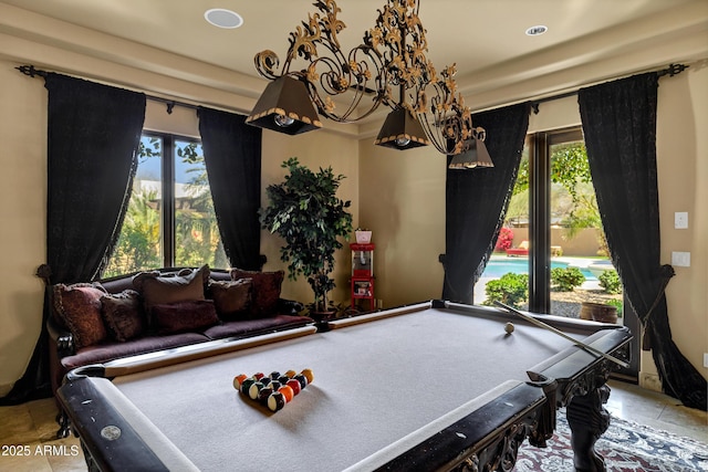 10894 E Turquoise Ave, Scottsdale, AZ 85259 - rec room featuring billiards, a notable chandelier, and recessed lighting