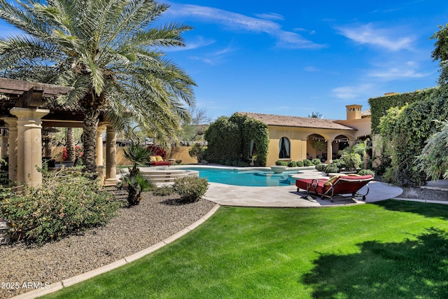 10894 E Turquoise Ave, Scottsdale, AZ 85259 - view of swimming pool with a pergola, a fenced in pool, a patio area, and a lawn
