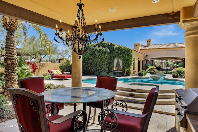10894 E Turquoise Ave, Scottsdale, AZ 85259 - view of patio / terrace with outdoor dining area, a fenced in pool, fence, and a grill