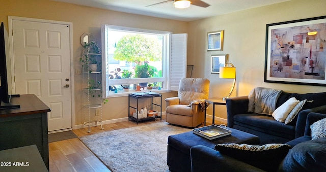 2064 S Farnsworth Dr Unit 38, Mesa, AZ 85209 - living room with a ceiling fan, light wood-style floors, and baseboards