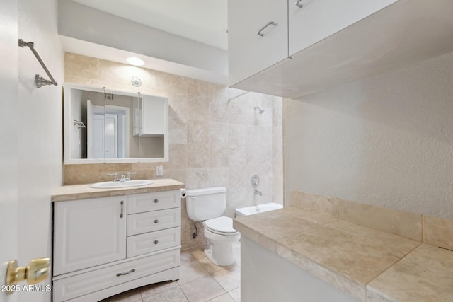 8301 E Indianola Ave, Scottsdale, AZ 85251 - bathroom with vanity, toilet, tub / shower combination, tile patterned flooring, and tasteful backsplash