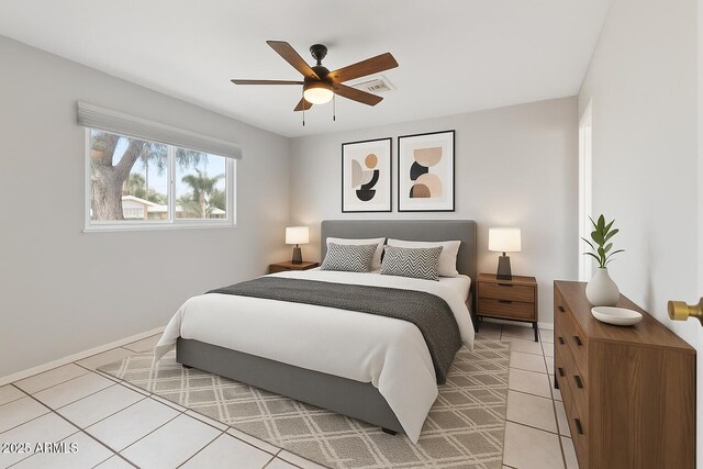 8301 E Indianola Ave, Scottsdale, AZ 85251 - bedroom featuring light tile patterned flooring, a ceiling fan, and baseboards