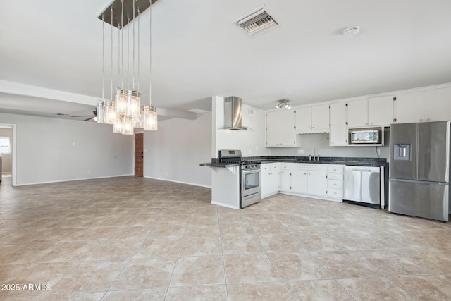 8301 E Indianola Ave, Scottsdale, AZ 85251 - kitchen featuring stainless steel appliances, wall chimney exhaust hood, a sink, dark countertops, and light tile patterned floors