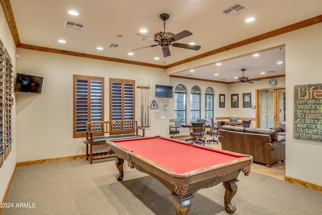 game room featuring light colored carpet, crown molding, and billiards