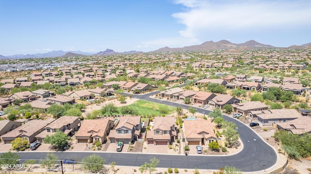 drone / aerial view featuring a mountain view