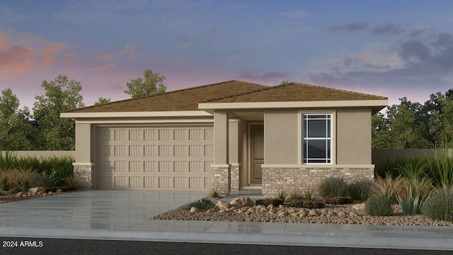 view of front of home with a garage, stone siding, concrete driveway, and stucco siding