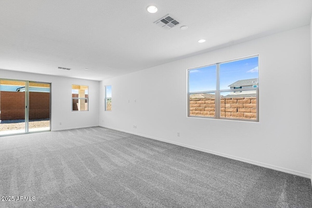 empty room with a wealth of natural light, carpet, visible vents, and baseboards