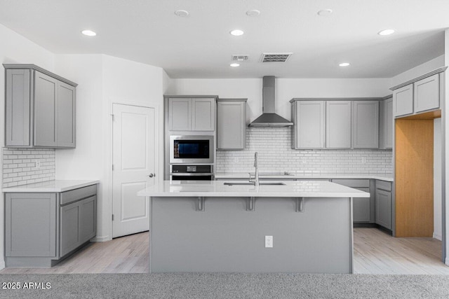 kitchen featuring gray cabinetry, visible vents, stainless steel oven, built in microwave, and wall chimney exhaust hood