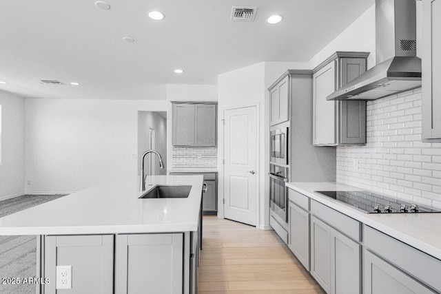 kitchen featuring stainless steel appliances, gray cabinetry, a sink, and wall chimney exhaust hood