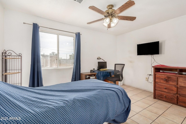 bedroom featuring ceiling fan and light tile patterned flooring