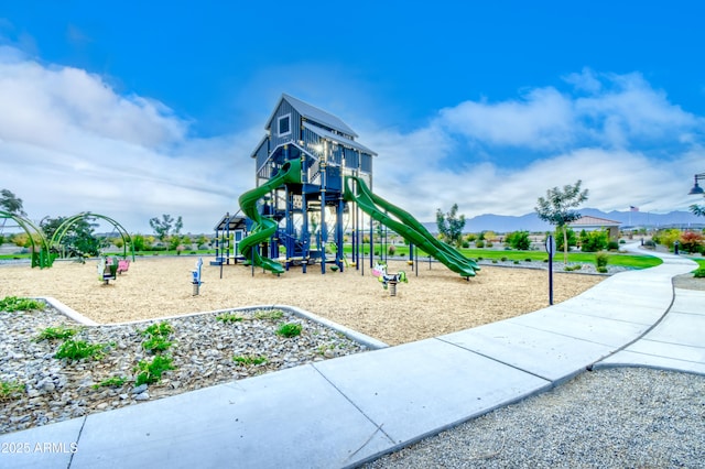 view of play area with a mountain view