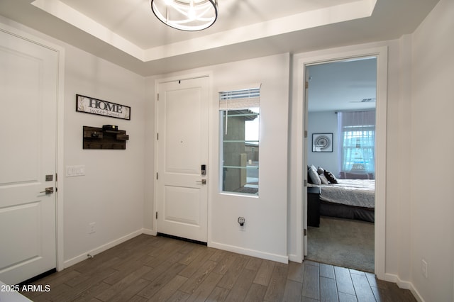 entryway with dark hardwood / wood-style flooring and a raised ceiling