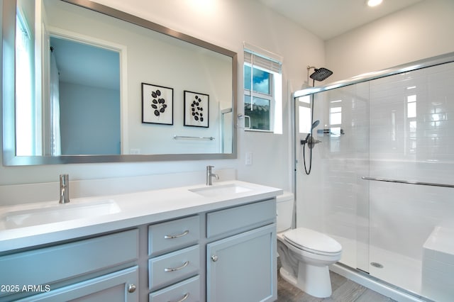 bathroom featuring toilet, vanity, and walk in shower