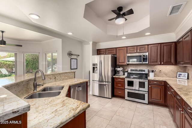 3581 W Ironwood Dr, Chandler, AZ 85226 - kitchen with appliances with stainless steel finishes, ceiling fan, a sink, a raised ceiling, and crown molding