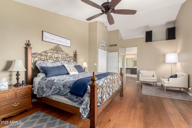 3581 W Ironwood Dr, Chandler, AZ 85226 - bedroom with wood finished floors, baseboards, high vaulted ceiling, ensuite bathroom, and ceiling fan