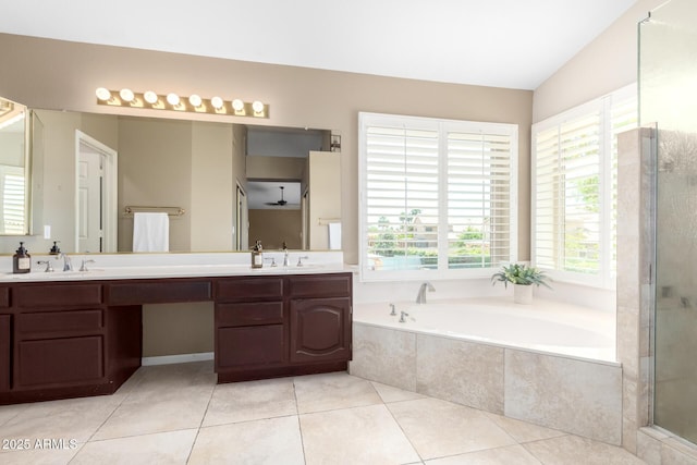 3581 W Ironwood Dr, Chandler, AZ 85226 - bathroom featuring plenty of natural light, a garden tub, double vanity, and tile patterned flooring