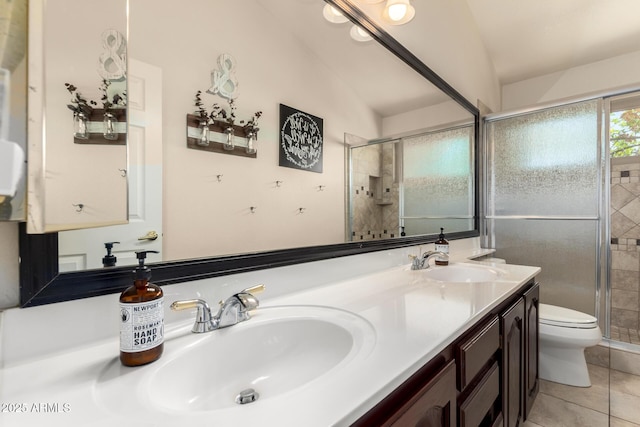 3581 W Ironwood Dr, Chandler, AZ 85226 - full bathroom featuring tile patterned floors, lofted ceiling, a shower stall, double vanity, and toilet