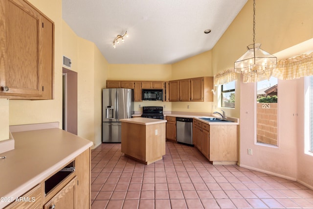 kitchen with an inviting chandelier, black appliances, a center island, a sink, and light countertops