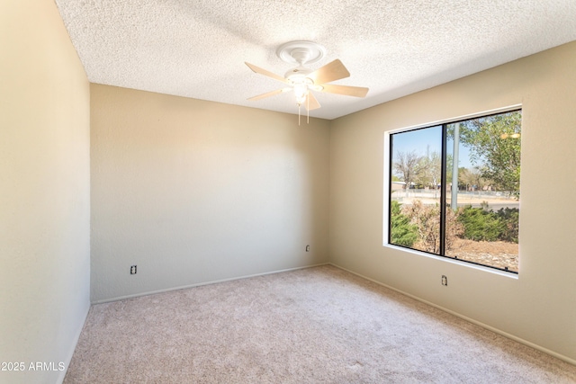 empty room with carpet, a textured ceiling, and a ceiling fan