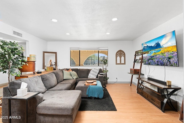 living room with light hardwood / wood-style floors and a textured ceiling