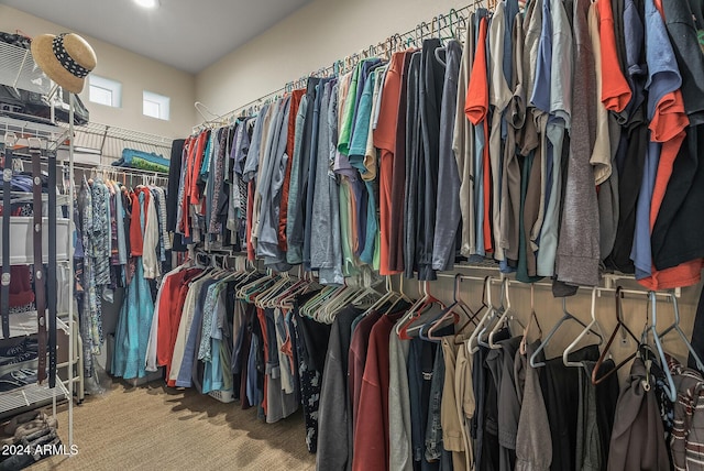 walk in closet featuring carpet flooring