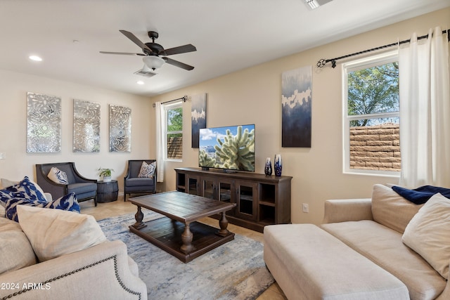 living room featuring ceiling fan