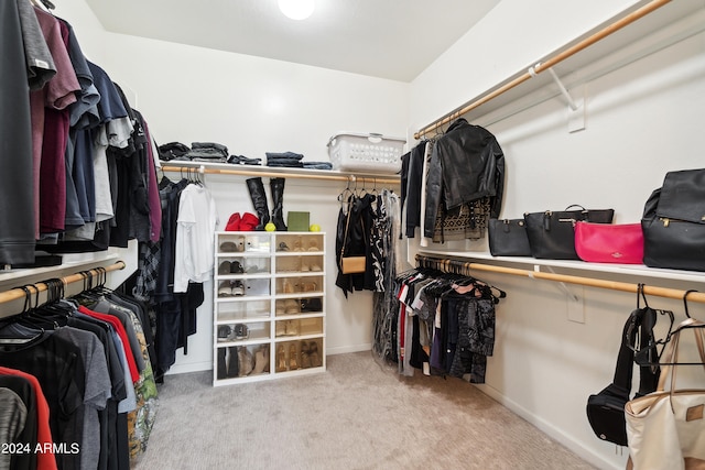 spacious closet featuring light colored carpet