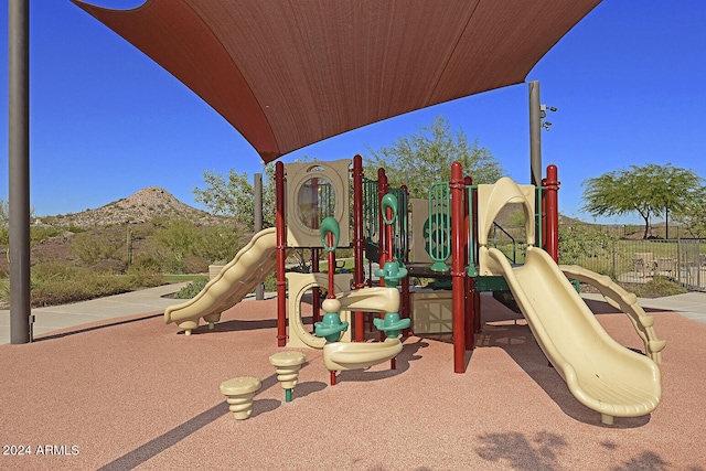 view of play area with a mountain view