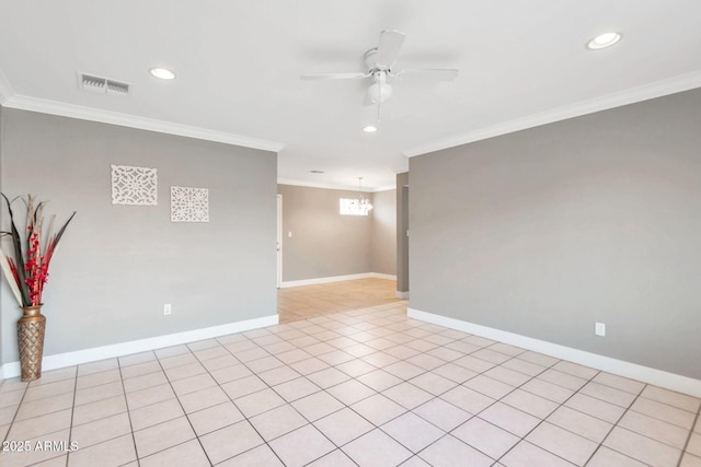 4427 W Crittenden Ln, Phoenix, AZ 85031 - unfurnished room featuring a ceiling fan, ornamental molding, a chandelier, recessed lighting, and baseboards
