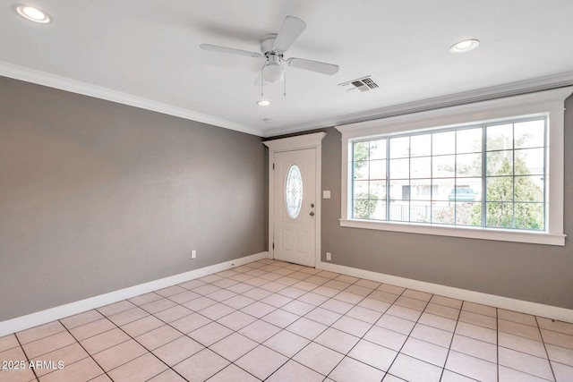 4427 W Crittenden Ln, Phoenix, AZ 85031 - entrance foyer with ornamental molding, baseboards, recessed lighting, ceiling fan, and light tile patterned floors