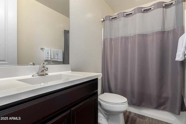 full bathroom featuring toilet, vanity, and wood finished floors