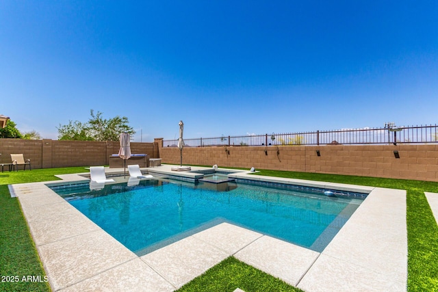 view of pool with a patio area, a pool with connected hot tub, and a fenced backyard