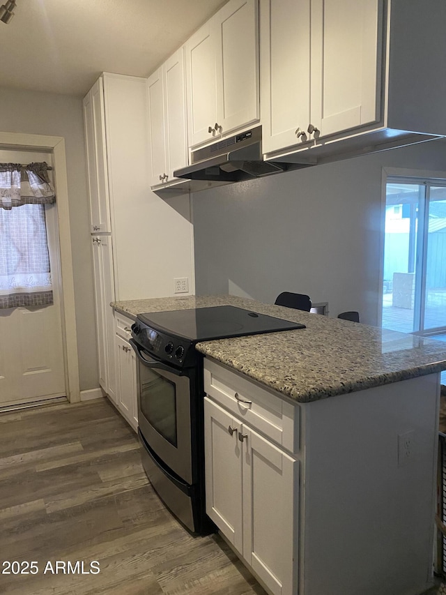 3229 W Cholla St, Phoenix, AZ 85029 - kitchen featuring electric range oven, under cabinet range hood, dark wood-style floors, white cabinets, and light stone countertops