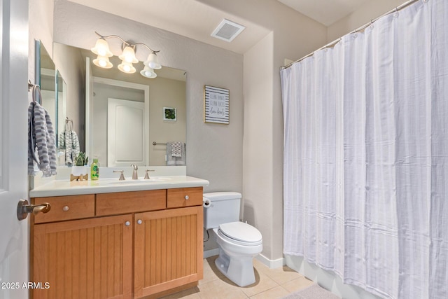 bathroom featuring tile patterned flooring, visible vents, toilet, and vanity