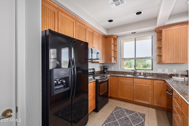 kitchen with light tile patterned floors, visible vents, open shelves, a sink, and black appliances